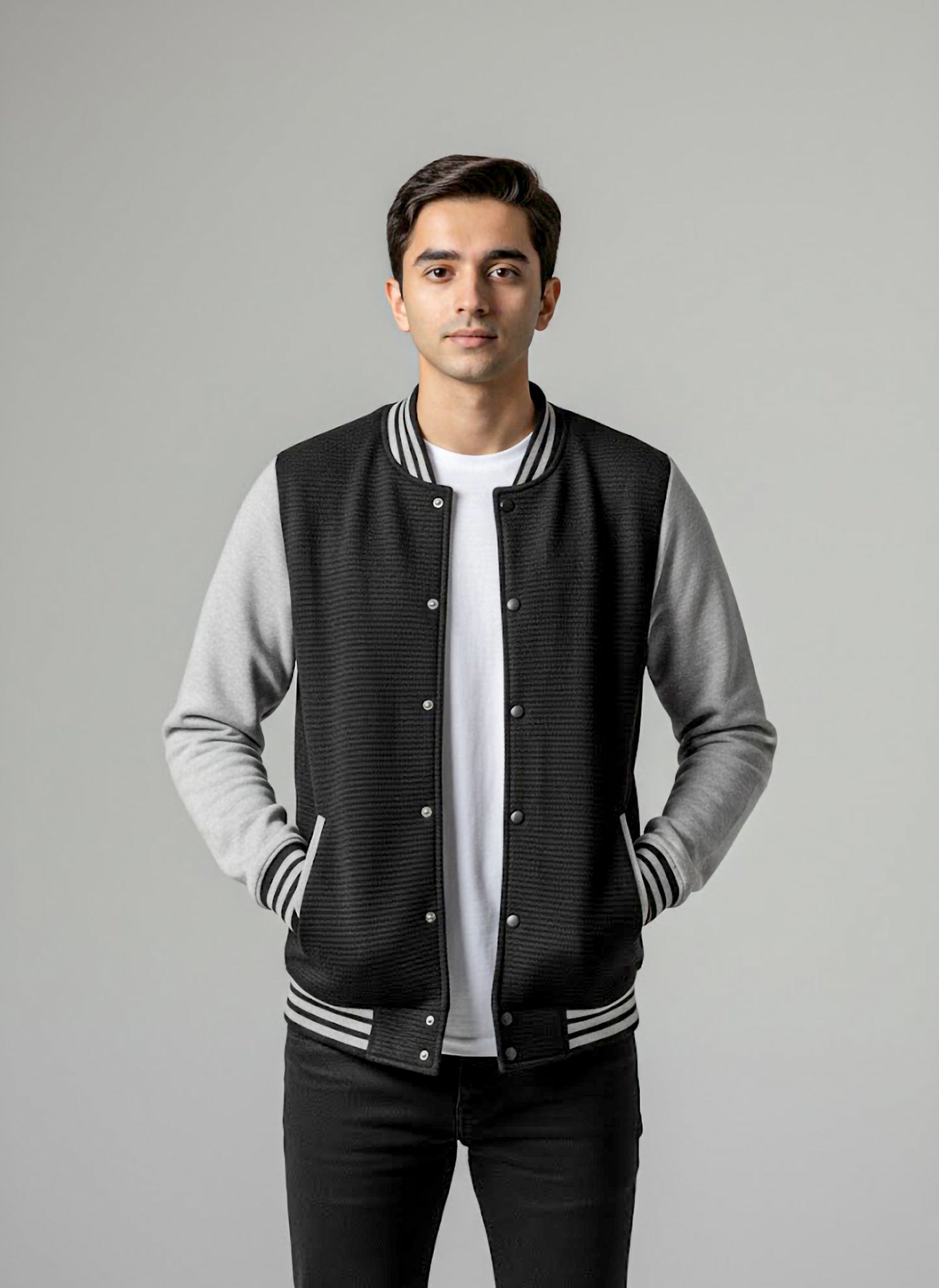 The Ultimate Unisex Varsity Jacket: Black & Grey Quilted Texture Bomber