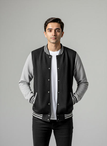 The Ultimate Unisex Varsity Jacket: Black & Grey Quilted Texture Bomber